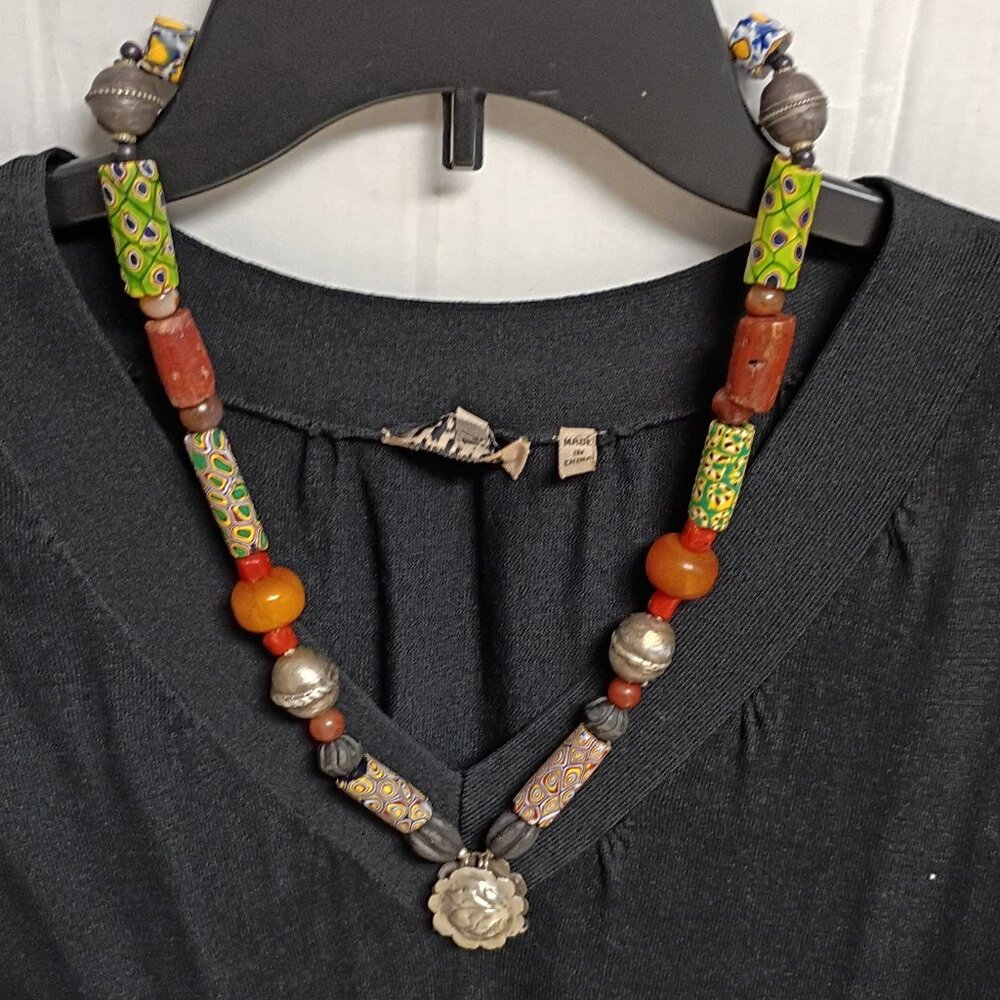 ❤️CUSTOM AFRICAN TRADE BEADS AMBER STERLING NECKLACE 13.5" DROP